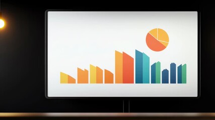 Colorful bar chart and pie chart whiteboard dark office with hanging light bulbs, showing business data visualization and presentation with colorful - Powered by Adobe