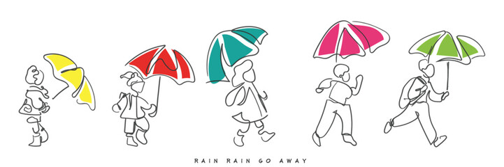 hand drawn line art vector of kids palying in rain with umbrellas. Monsoon season. Rainy weather poster