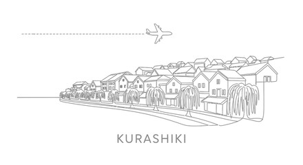 Obraz premium Kurashiki Japan town line art with plane fly.