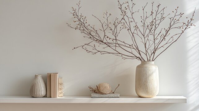 minimalist home d&Atilde;&copy;cor with dried branches in a vase on white shelf.