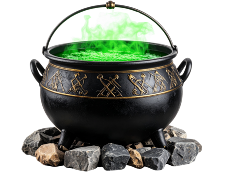 Enchanted cauldron with bubbling potion and glowing steam, isolated on a transparent background