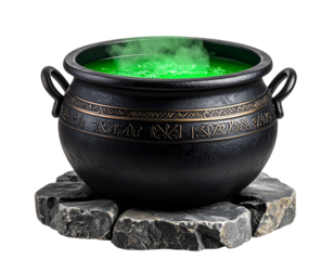 Enchanted cauldron with bubbling potion and glowing steam, isolated on a transparent background