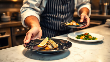 A professional chef in a striped apron serving gourmet dishes on a counter in a commercial kitchen
