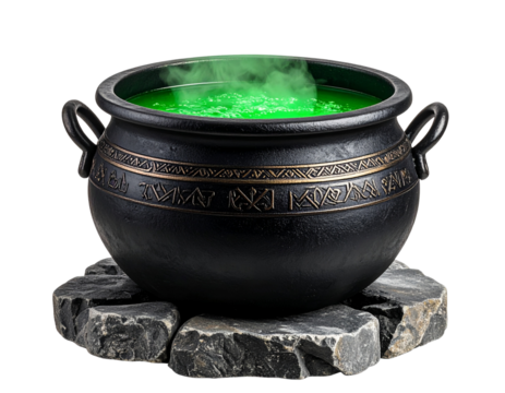 Enchanted cauldron with bubbling potion and glowing steam, isolated on a transparent background