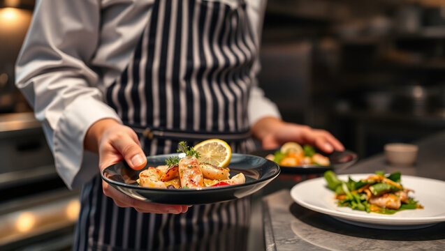 A professional chef in a striped apron serving gourmet dishes on a counter in a commercial kitchen
