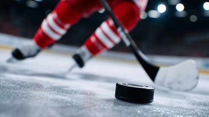 Sharp focus on hockey puck with motion blur and scratched ice, partial view of athlete in red gear in background, taken during high-stakes hockey match in professional stadium. hockey puck, hockey ska