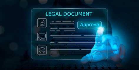 Approve electronic signature and paperless concept. Businessman confirms the validity of electronic document on digital document on virtual screen.