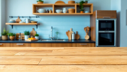 Fototapeta premium Wooden table surface with a blurred modern kitchen featuring shelves in the background