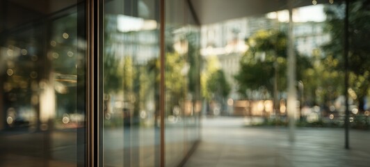 The modern glass building reflecting a serene urban landscape.