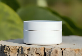 Blank white skincare jar on nature background	