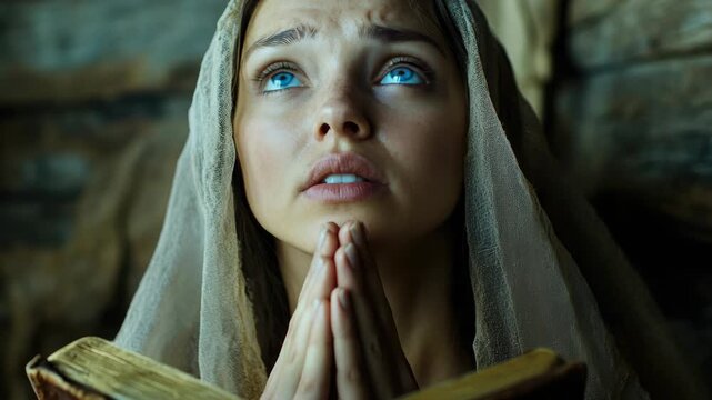 Woman in medieval clothing with blue eyes, kneeling to pray or read religious text.
