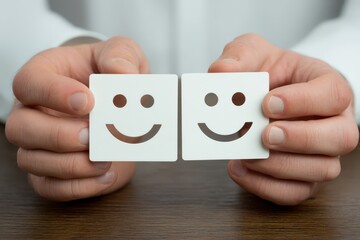 Hands of a person presenting two joyful smiley face cards symbolizing happiness and positivity in a professional setting showcasing emotions and meaningful connections