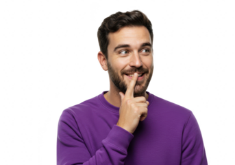 A young man with a beard and short hair in a purple sweater smiles and puts a finger to his lips, isolated on white isolated on transparent background