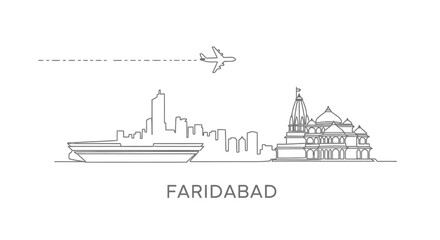 Faridabad skyline with line art, temple, and vector.