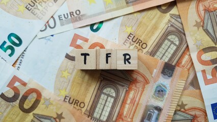 TFR acronym made of wooden letter cubes on pile of Euro banknotes. Trattamento di Fine Rapporto (Severance Pay)