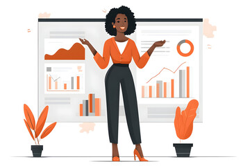 Woman presenting data charts and graphs on a whiteboard with plants in pots on the floor nearby .