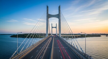 Fototapeta premium Driving on Suspension Bridge at Dusk with Light Trails