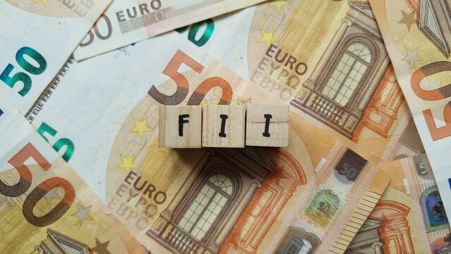 FII acronym made of wooden letter cubes on pile of Euro banknotes. Fondo di Investimento Immobiliare (Real Estate Investment Fund)