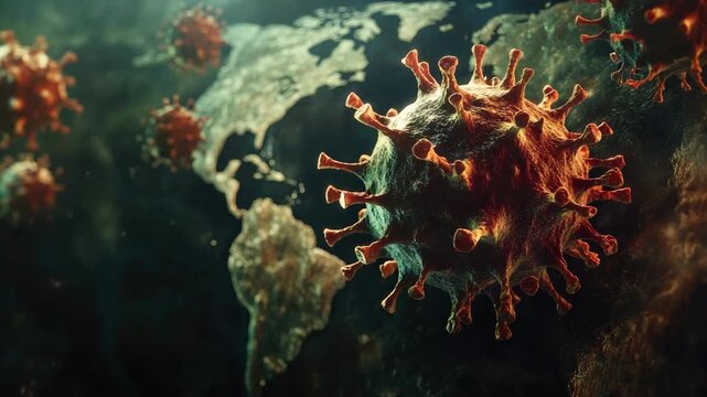Microscopic red viral cells against globe background - Powered by Adobe