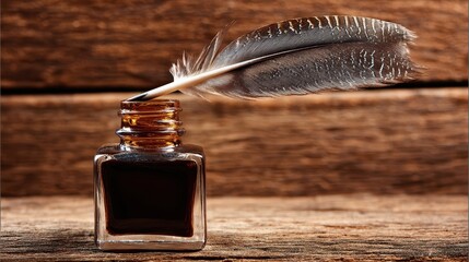 Inkwell and feather on a wooden surface.