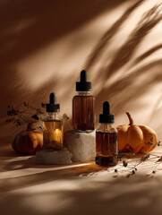 Amber dropper bottles with pumpkins and dried foliage