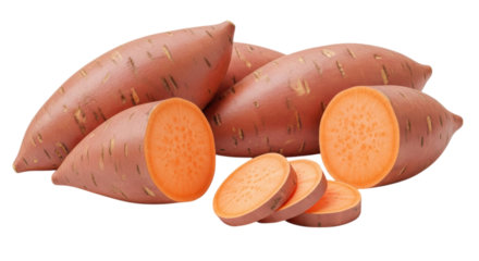 Fresh sweet potatoes showing vibrant orange flesh against a dark backdrop, perfect for culinary or healthy eating concepts, transparent background