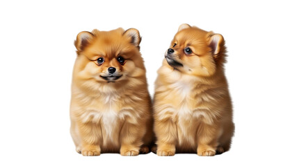Obraz premium Adorable Pomeranian puppies pose together against a transparent background showcasing their fluffy fur and charming expressions.