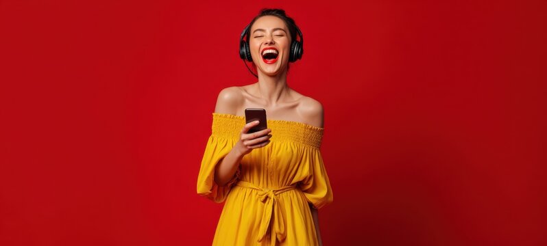 The joyful woman in yellow dress enjoying music with headphones. - Powered by Adobe