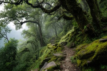 There is a serene path winding through a lush green forest