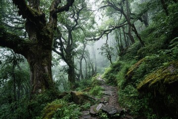 Fototapeta premium There is a serene path winding through a lush green forest