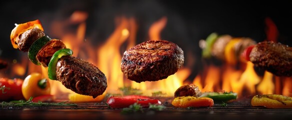 The delicious burgers and colorful vegetables sizzling over a vibrant barbecue fire.