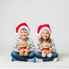 Children wearing santa hats and teddy bears isolated on transparent background