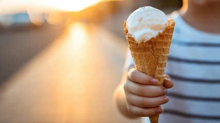 Child holding a waffle cone filled with ice cream.