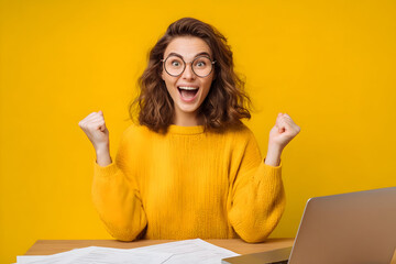 Woman in yellow sweater with glasses celebrating success at desk with laptop and documents on yellow background .