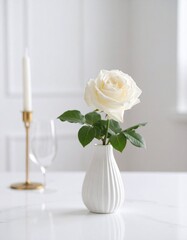Elegant white rose in ceramic vase on minimalist table setting