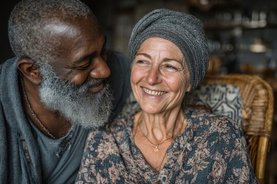 Tender moment between elderly Woman in Wheelchair and bearded Man inside a Home