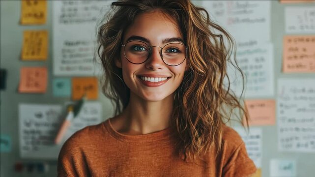 Young woman with glasses, smiling at the camera. She is in an office environment with a brainstorming board behind her.