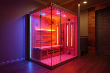 Modern infrared sauna with red LED lighting