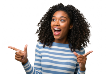 An excited african american woman with curly hair points in two directions with a surprised expression, isolated on white isolated on transparent background