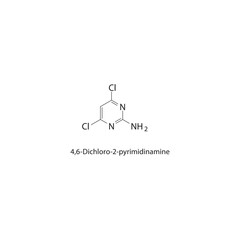 4,6-Dichloro-2-pyrimidinamine skeletal structure. halogen pyrimidine compound schematic illustration. Simple diagram, chemical formula.