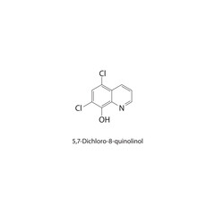 5,7-Dichloro-8-quinolinol skeletal structure. halogen quinoline compound schematic illustration. Simple diagram, chemical formula.