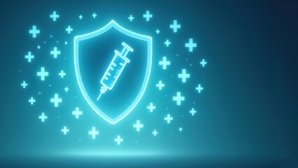 Floating shield with glowing syringe icon at center and orbiting blue crosses shows global unity for vaccination, covid vaccine, flu shot awareness