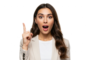 A surprised woman points her finger upwards, indicating an idea, isolated on transparent background
