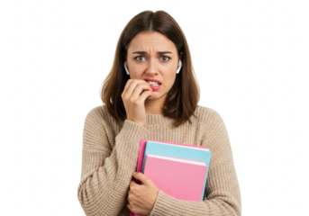 A young woman with earbuds looks anxious while holding books, isolated on transparent background