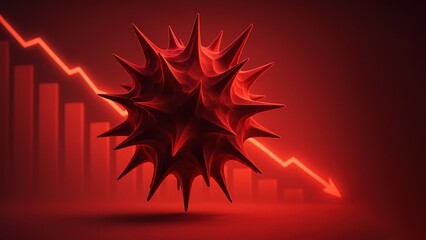 Stylized red 3D virus surrounded by downward trending red bar graphs, Evokes decline and crisis, Vaccination, covid vaccine, flu shot