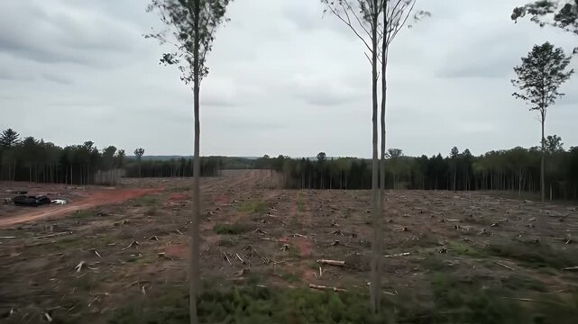 Aerial drone footage flying over a vast deforested area showing the environmental impact of clear cutting and logging