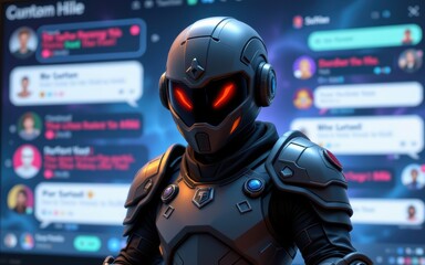 Futuristic character in armor against a digital chat interface background.