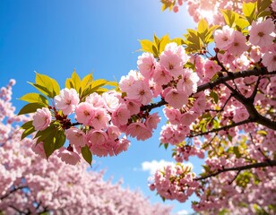Cherry blossom tree in full bloom under blue sky during spring