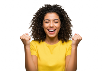 A young woman with curly hair cheers with excitement, celebrating success with fists clenched, isolated on transparent background