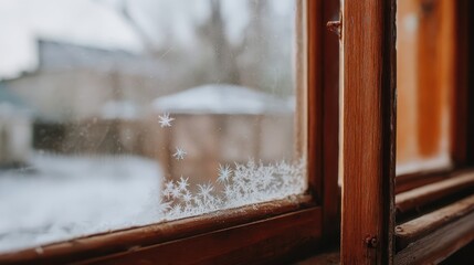 Frost patterns on a window pane in winter.